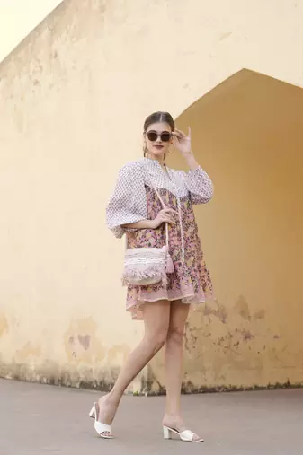 Hand block floral printed multi color cotton mini dress