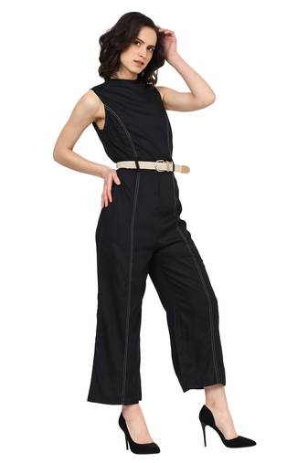 women's black rayon fitted jumpsuit with belt (black)