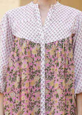 Hand block floral printed multi color cotton mini dress 5