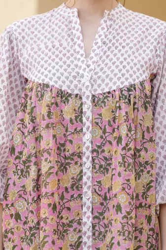Hand block floral printed multi color cotton mini dress