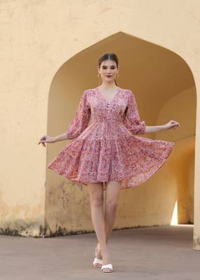 Hand block floral printed pink color cotton mini dress 1