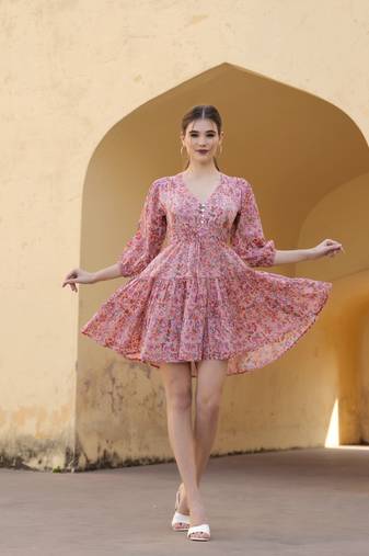 Hand block floral printed pink color cotton mini dress