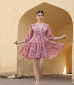 Hand block floral printed pink color cotton mini dress