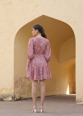 Hand block floral printed pink color cotton mini dress 2