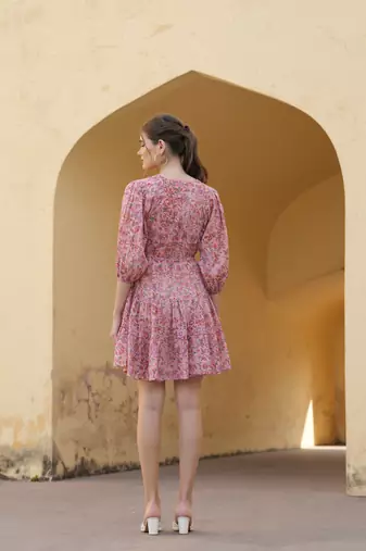 Hand block floral printed pink color cotton mini dress