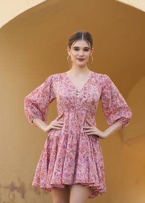 Hand block floral printed pink color cotton mini dress 3