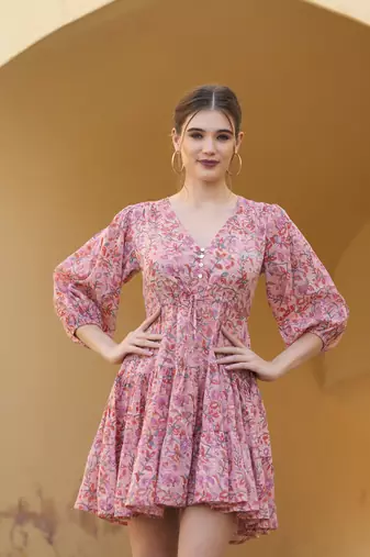 Hand block floral printed pink color cotton mini dress