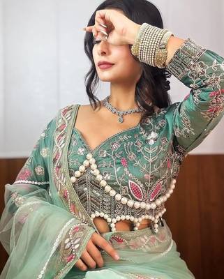 Light Green Colour Premium Net Fabric Handwork With Blouse 7