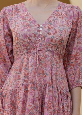 Hand block floral printed pink color cotton mini dress 4