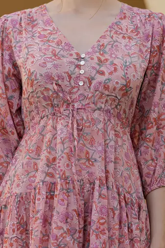 Hand block floral printed pink color cotton mini dress