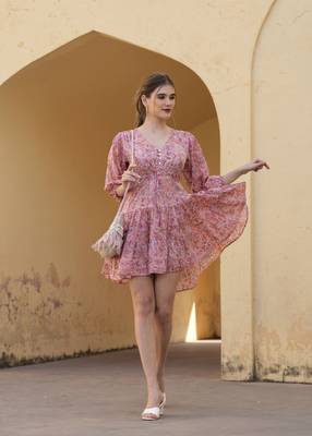 Hand block floral printed pink color cotton mini dress 5