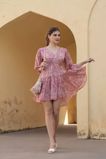 Hand block floral printed pink color cotton mini dress