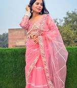 Pink COLOUR PREMIUM NET FABRIC HANDWORK WITH BLOUSE