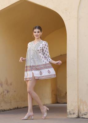 Hand block floral printed multi color cotton mini dress 3