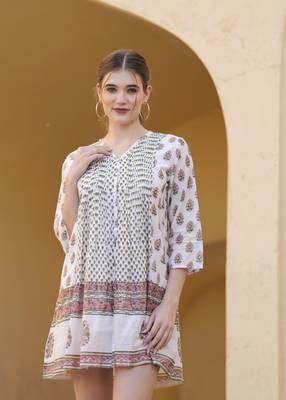 Hand block floral printed multi color cotton mini dress 4