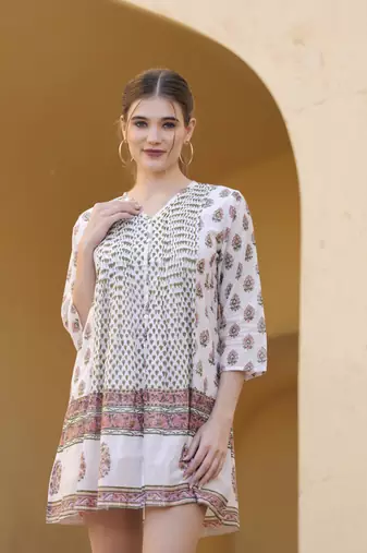 Hand block floral printed multi color cotton mini dress