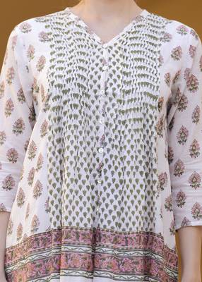 Hand block floral printed multi color cotton mini dress 5