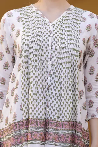 Hand block floral printed multi color cotton mini dress