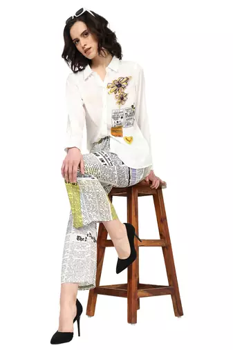 women's polyester multi newspaper print 3/4th sleeve co-ord set || top pant set (multi)