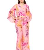 women's polyester tie & dye printed flared sleeve co-ord set || top pant set (pink)