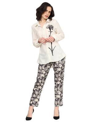 women's white polyster floral placement printed 3/4th sleeve co-ord set || top pant set (white) 1