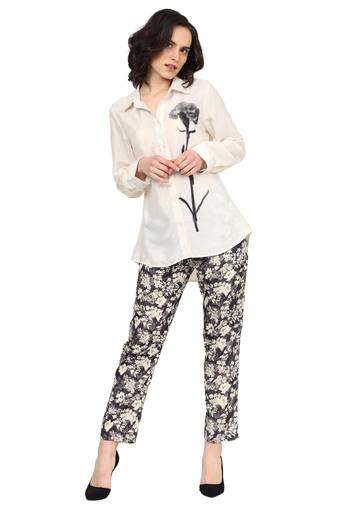 women's white polyster floral placement printed 3/4th sleeve co-ord set || top pant set (white)