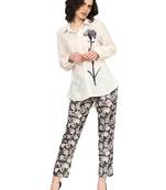 women's white polyster floral placement printed 3/4th sleeve co-ord set || top pant set (white)