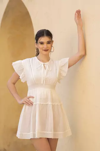 White cotton schiffli women mini dress
