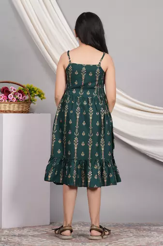  kids floral printed sleeveless smoking gathered dress (green)