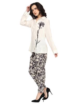 women's white polyster floral placement printed 3/4th sleeve co-ord set || top pant set (white) 3