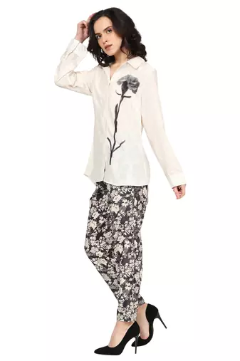 women's white polyster floral placement printed 3/4th sleeve co-ord set || top pant set (white)