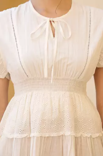 White cotton schiffli women mini dress