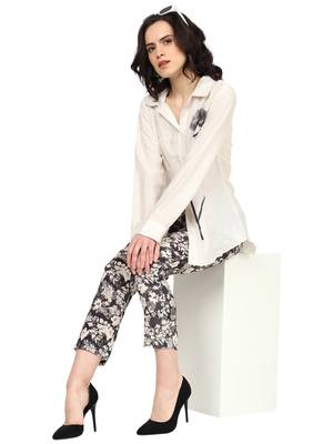women's white polyster floral placement printed 3/4th sleeve co-ord set || top pant set (white) 4
