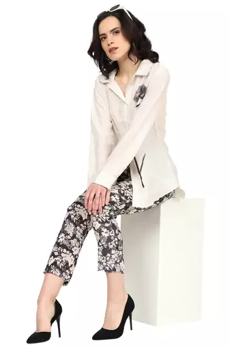 women's white polyster floral placement printed 3/4th sleeve co-ord set || top pant set (white)