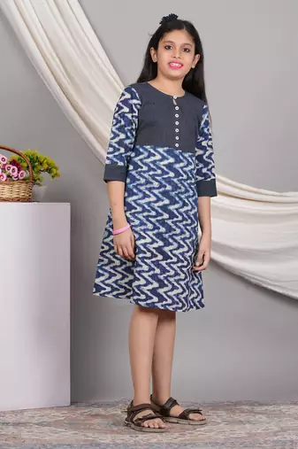  kids cotton chevron print kaantha work a-line dress (blue)