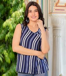 women's rayon waist length sleeveless v-neck regular fitted stripe printed top