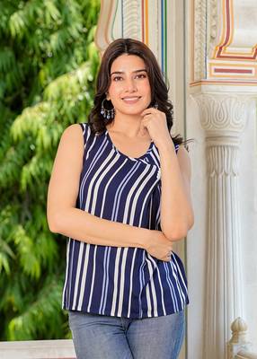 women's rayon waist length sleeveless v-neck regular fitted stripe printed top 2