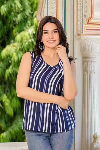 women's rayon waist length sleeveless v-neck regular fitted stripe printed top