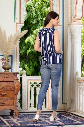 women's rayon waist length sleeveless v-neck regular fitted stripe printed top