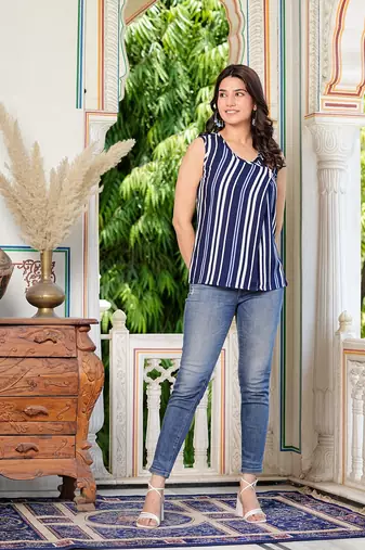 women's rayon waist length sleeveless v-neck regular fitted stripe printed top
