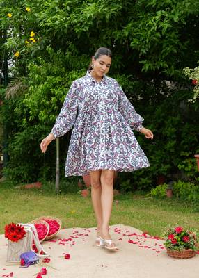 Hand block floral printed multi color cotton mini dress 1