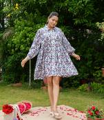 Hand block floral printed multi color cotton mini dress
