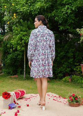 Hand block floral printed multi color cotton mini dress 2