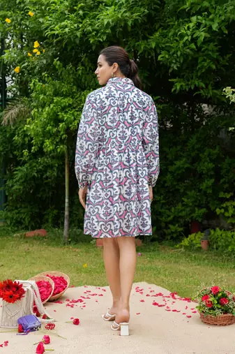 Hand block floral printed multi color cotton mini dress