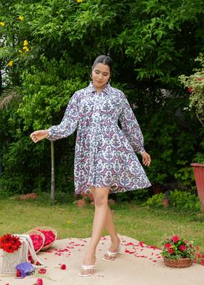 Hand block floral printed multi color cotton mini dress 3