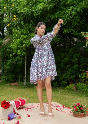 Hand block floral printed multi color cotton mini dress 4