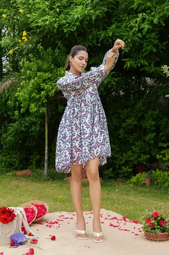 Hand block floral printed multi color cotton mini dress
