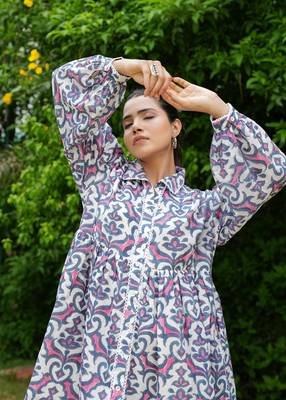 Hand block floral printed multi color cotton mini dress 5