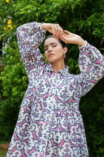 Hand block floral printed multi color cotton mini dress