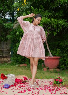 Hand block floral printed peach color cotton mini dress 1